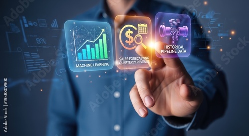 Businessman interacting with colored floating  icons that represents Intelligent sales forecasting interface using machine learning to predict quarterly revenue based on historical pipeline data