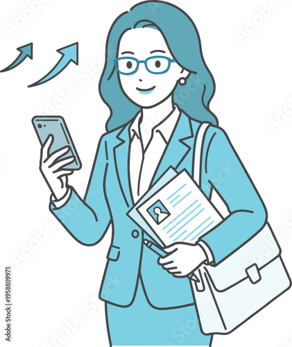 転職活動に前向きな女性ビジネスパーソン（キャリアアップ・就職・スマホ確認）
