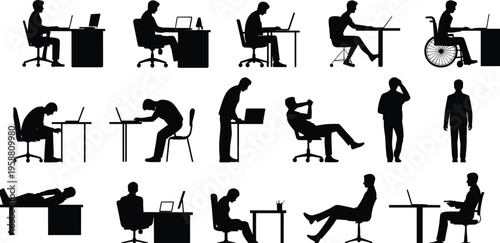Office silhouette illustration, sixteen diverse icons of people working at desks with computers in varied postures, workplace ergonomics theme, vector art, black isolated bold design