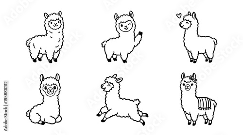 alpaca line vector set. black color sketches style on white background. Vector illustration.