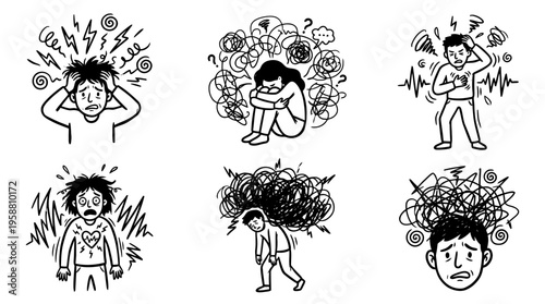 anxiety stress line vector set. black color sketches style on white background. Vector illustration.