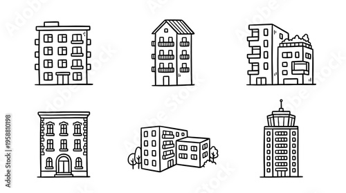 apartment building line vector set. black color sketches style on white background. Vector illustration.