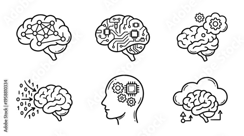 artificial intelligence brain line vector set. black color sketches style on white background. Vector illustration.