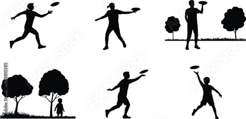 Frisbee silhouette illustration, six diverse outdoor icons of people playing with flying discs near trees, leisure activity theme, vector art, black isolated bold design