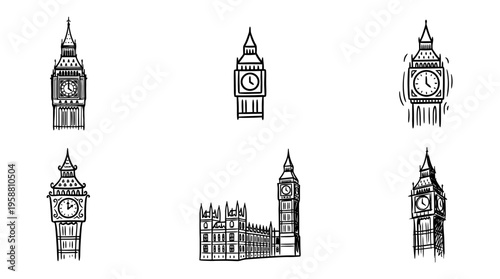 big ben line vector set. black color sketches style on white background. Vector illustration.