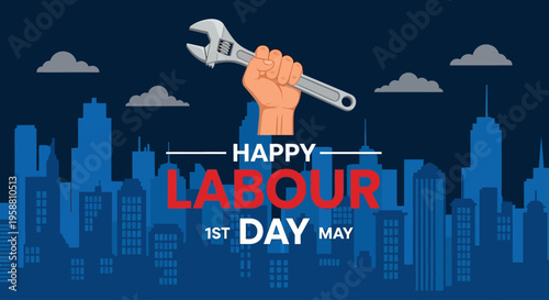 A hand holding a wrench celebrates Labour Day in a cityscape