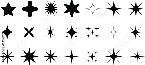 Star and sparkle silhouette illustration, twenty diverse icons with varied point counts and abstract shine designs, decorative theme, vector art, black isolated bold design