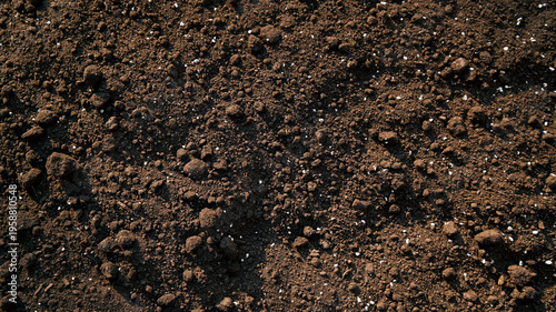 Fotografie Rich dark soil texture with small white particles, perfect for gardening and agr