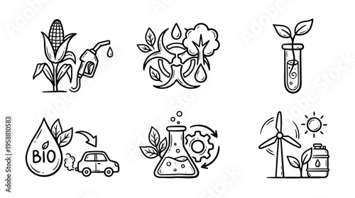 bio fuel line vector set. black color sketches style on white background. Vector illustration.