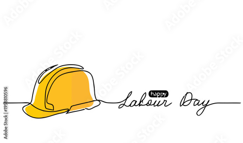 A yellow hard hat on a line with Labour Day text written nearby