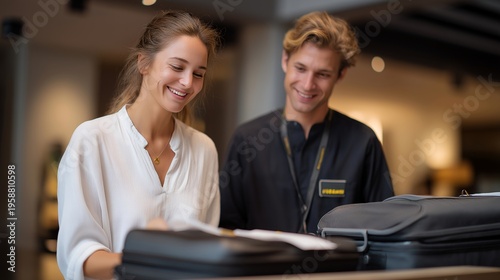 Ultra-low-cost carrier check-in desk with agents charging fees for every carry-on item while passengers repack belongings into compliant dimensions using tape and scissors, perfect for budget