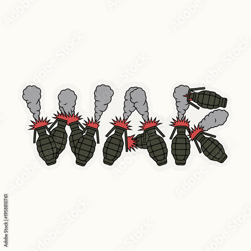 Cartoon illustration of several hand grenades exploding and smoking on white background