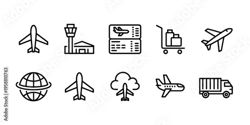 Black and white line icons of various travel and transportation related objects