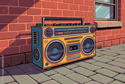 Cartoon boombox sitting on sidewalk in front of brick wall and window