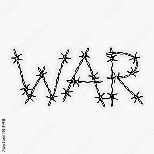 Barbed wire letters spelling out war on transparent background