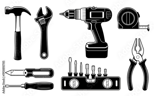 Black and white illustration of various hand tools for construction and repair work