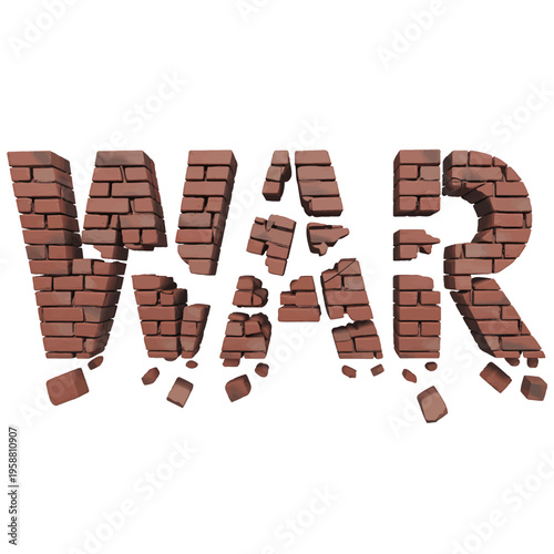3D brick text spelling war with falling bricks isolated on white background