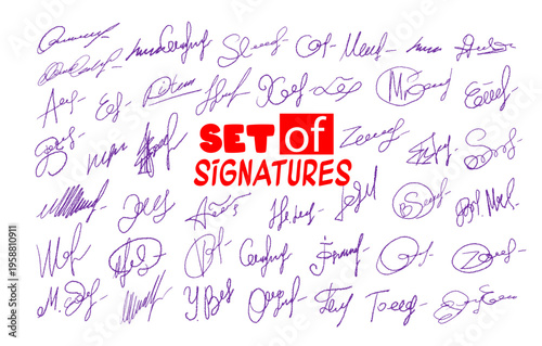 Signatures set. Fictitious handwritten signatures for signing documents on white background. Hand drawn. Not AI, vector illustration.