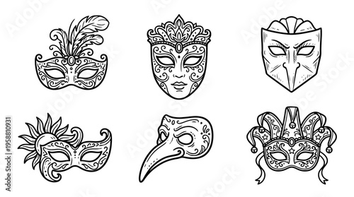 carnival mask line vector set. black color sketches style on white background. Vector illustration.