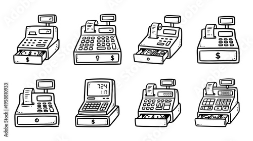 cash register line vector set. black color sketches style on white background. Vector illustration.