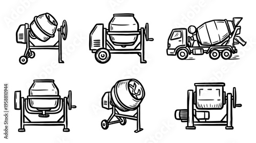cement mixer line vector set. black color sketches style on white background. Vector illustration.