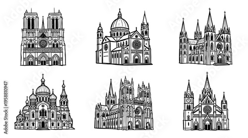 cathedral line vector set. black color sketches style on white background. Vector illustration.