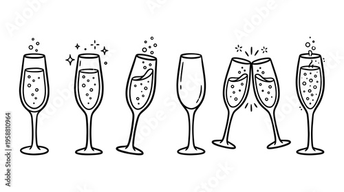 champagne flute line vector set. black color sketches style on white background. Vector illustration.