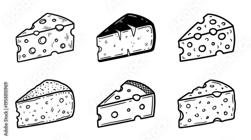 cheese wedge line vector set. black color sketches style on white background. Vector illustration.