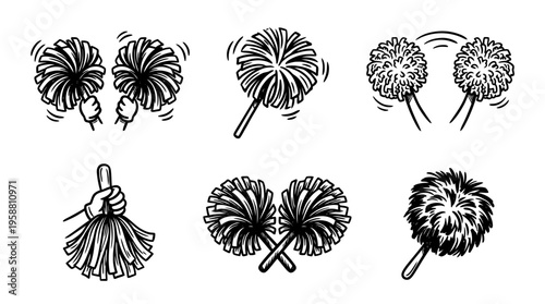 cheerleading pompom line vector set. black color sketches style on white background. Vector illustration.