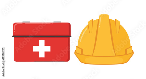 A bright yellow hard hat with a subtle sheen is positioned beside a rectangular red first aid kit displaying a white cross on a pure white background.
