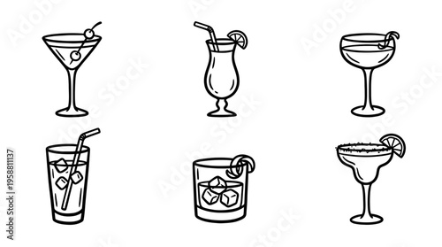 cocktail glass line vector set. black color sketches style on white background. Vector illustration.