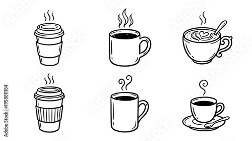 coffee cup line vector set. black color sketches style on white background. Vector illustration.