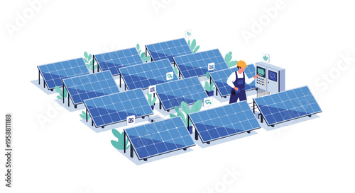 An isometric illustration shows a worker managing a control panel within a field of fifteen blue solar panels and green plants on a white background.