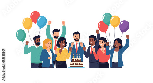 A diverse group of ten illustrated people celebrates a birthday with balloons and a multi-tiered cake against a plain white background.