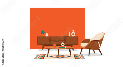 An illustrated mid-century modern living room displays a brown credenza, a coffee table, and an armchair against an orange accent wall.