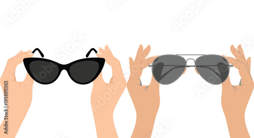 Four hands hold up two different pairs of sunglasses, one black cat-eye and one grey aviator, against a white background.
