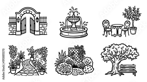 courtyard line vector set. black color sketches style on white background. Vector illustration.