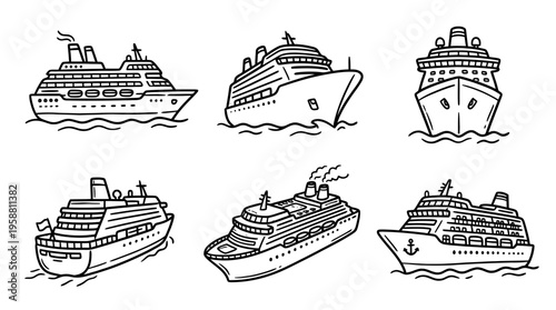 cruise ship line vector set. black color sketches style on white background. Vector illustration.
