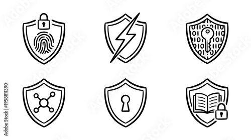 cyber security shield line vector set. black color sketches style on white background. Vector illustration.