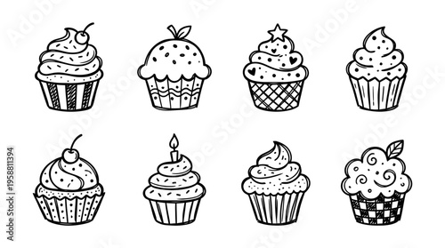 cupcake line vector set. black color sketches style on white background. Vector illustration.