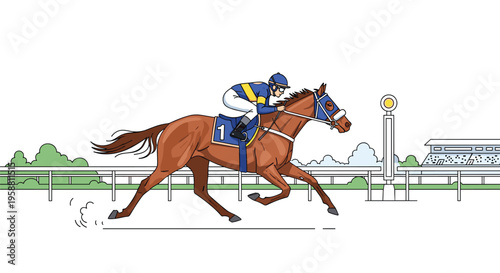 A jockey in blue and yellow silks rides a brown racehorse with the number one on its saddle across a white track.