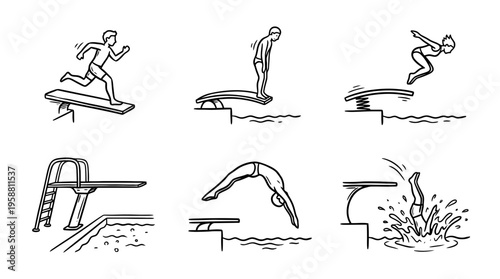 diving board line vector set. black color sketches style on white background. Vector illustration.