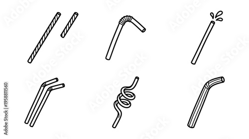 drinking straw line vector set. black color sketches style on white background. Vector illustration.