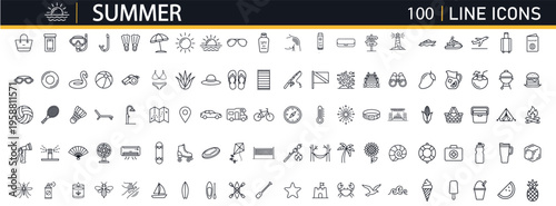 Summer Line Icons Set – Travel, Vacation, Sun, Sea, Outdoor Activities Minimal Outline Vector Collection