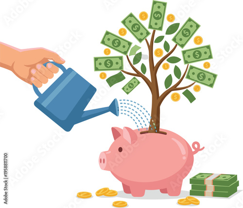 Illustration of wealth growth and financial investment, showing a hand watering a money tree from a piggy bank, symbolizing savings, prosperity, and future accumulation