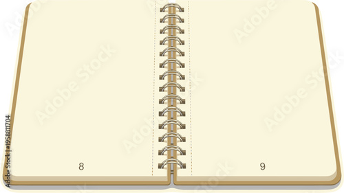 Open spiral-bound notebook with blank cream-colored pages and a brown cover, perfect for notes and journaling
