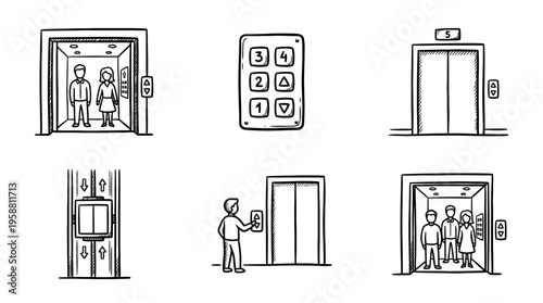 elevator line vector set. black color sketches style on white background. Vector illustration.