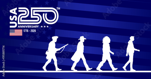Usa 250th anniversary banner with white historical silhouettes on blue flag background, vector illustration