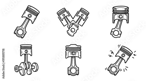 engine piston line vector set. black color sketches style on white background. Vector illustration.