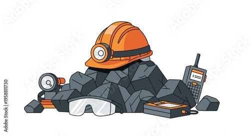 An orange hard hat with a headlamp sits on a pile of black coal surrounded by safety glasses, a walkie-talkie, and a measuring device.
